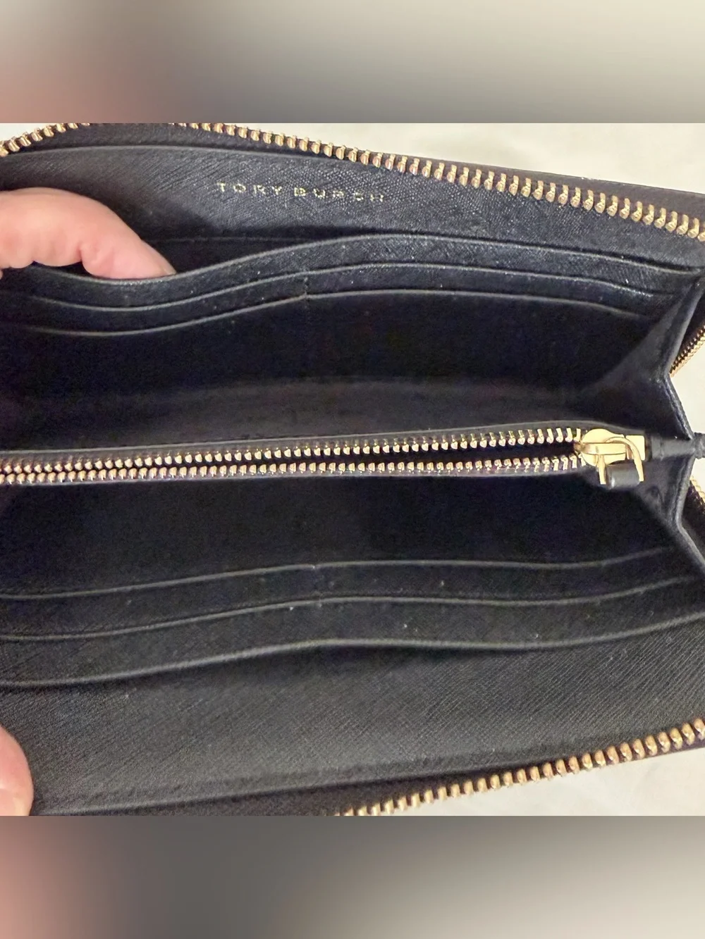 Tory Burch Black Saffiano Zip Wallet with Gold Logo
